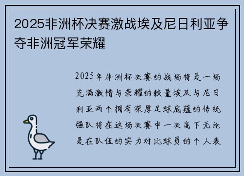 2025非洲杯决赛激战埃及尼日利亚争夺非洲冠军荣耀